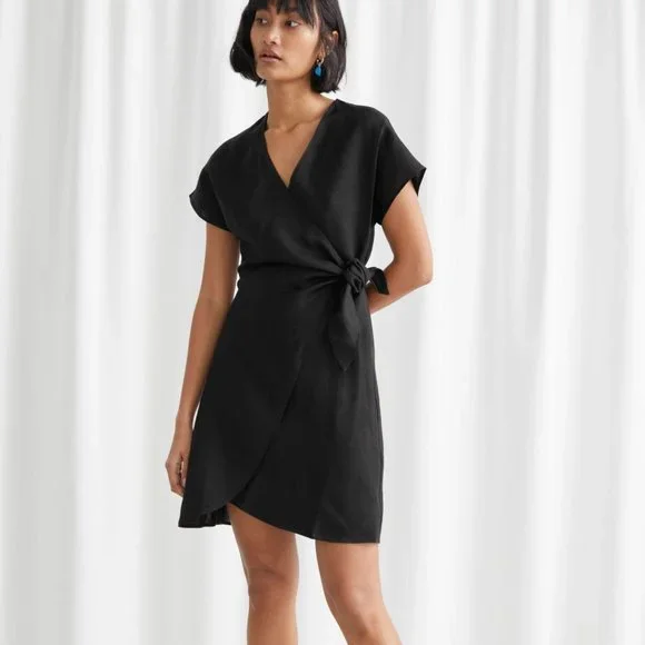 Other Stories Black Linen Blend Wrap Mini Dress 8